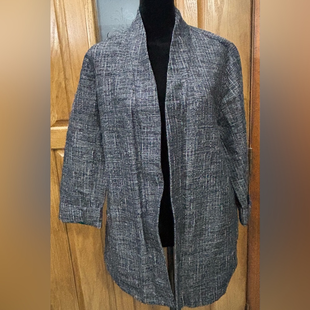 Eileen Fisher Black and White Tweed Organic Cotton Open Front Blazer Size Small